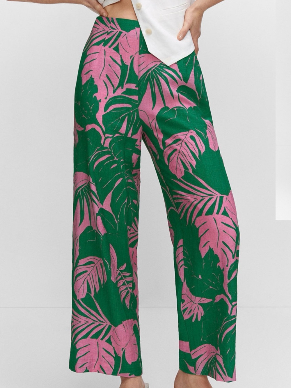 Mango Green & Pink Tropical Wide-Leg Pants
